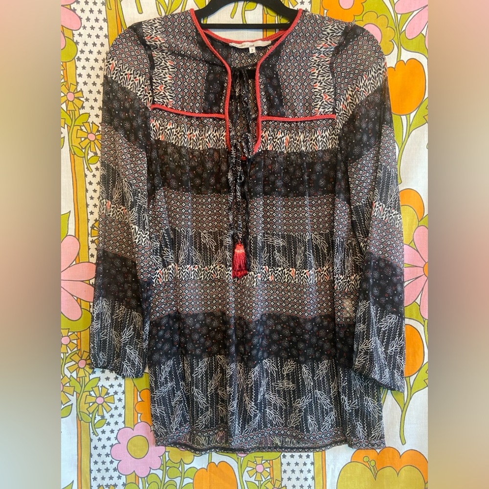 Sheer Abstract Black & White Blouse with Pop of Red